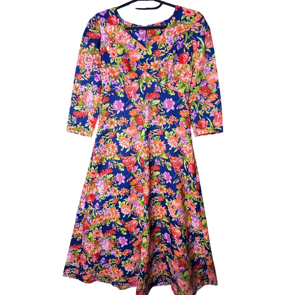 Vintage 70s Floral Midi Dress Navy V-Neck 3/4 Sleeve Retro A-Line